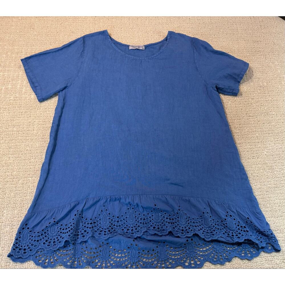 TERZO MILLENIO Made in Italy 100% Linen Top Flowy Blue Lace Hem Women’s Large